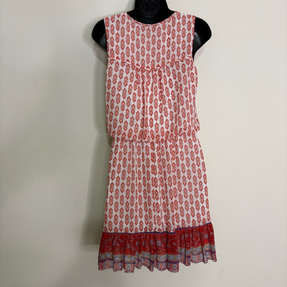 Lily Rose Split Neck Blouson Orange Print Chiffon Mini Boho Dress - Size: Medium - Picture 2 of 9
